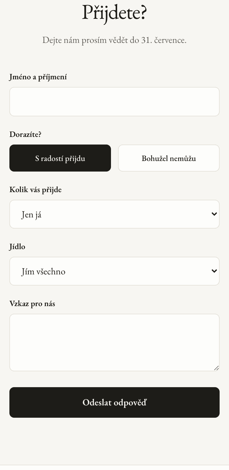 RSVP formulář svatebního webu na telefonu