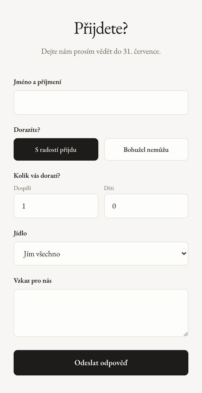 RSVP formulář svatebního webu na telefonu